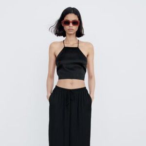 (NWT) ZARA SATIN CROPPED TOP BLACK With Criss Cross Tie Open Back